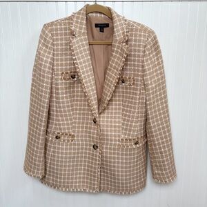 Ann Taylor Camel Tan & White Plaid Tweed Fringe Trim Blazer Jacket Size 10